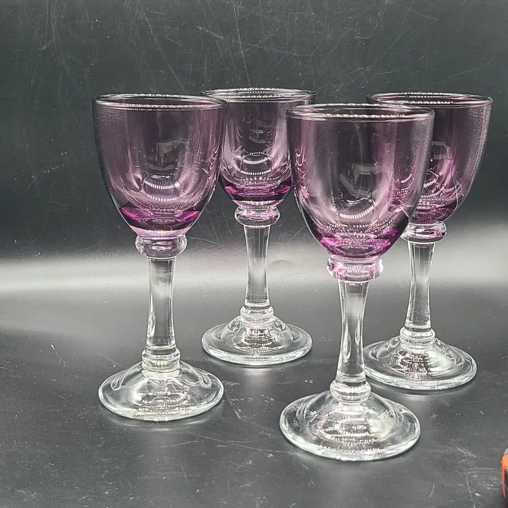 set (4) Vintage Wine Glasses  Amethyst Purple Goblets Barware 7 oz 7.75
